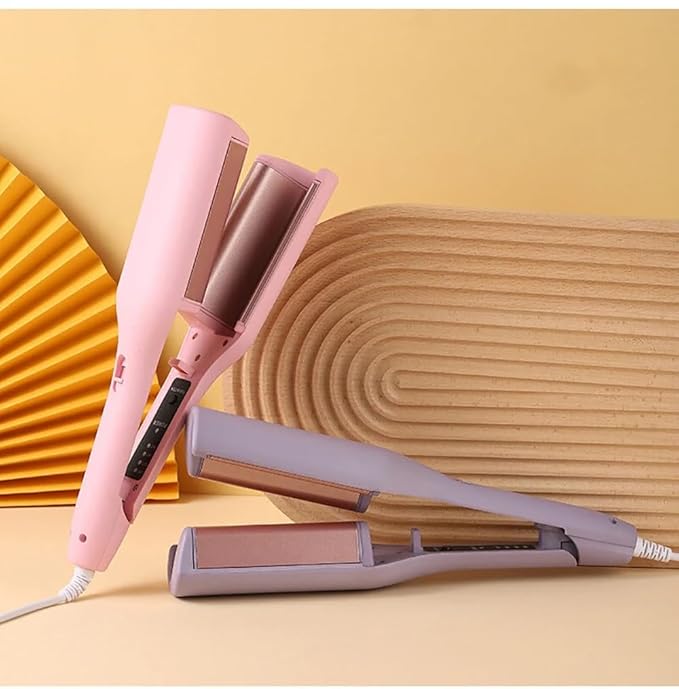 French Wave Curling Iron Rommantic French Egg Roll Curling Iron Egg-Roll Hairstyle Water Ripple V-Shaped 32mm Curling Wand (Pink+Purple)