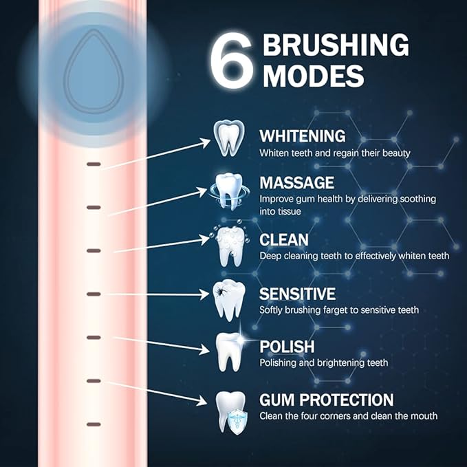 Sonic Electric Toothbrush USB Rechargeable Powerful Sonic Cleaning Tooth Brush with 6 Modes 5 Brush Heads + 1 Facial Cleansing Brush Head + 1 Face Massage Head Whitening Toothbrushes