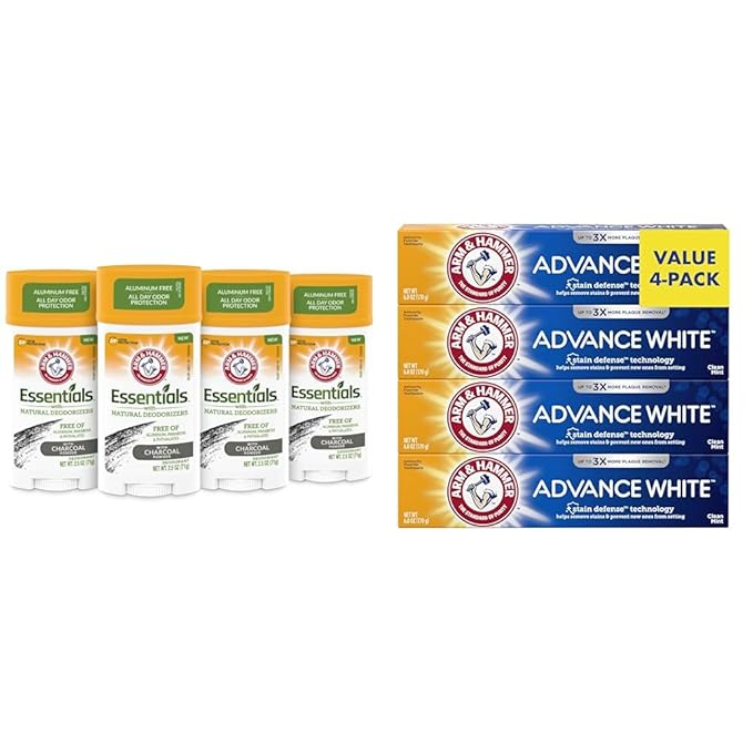 Arm &amp Hammer Essentials Charcoal Deodorant 4-Pack and Advance White Toothpaste 6 Ounce (Pack of 4)