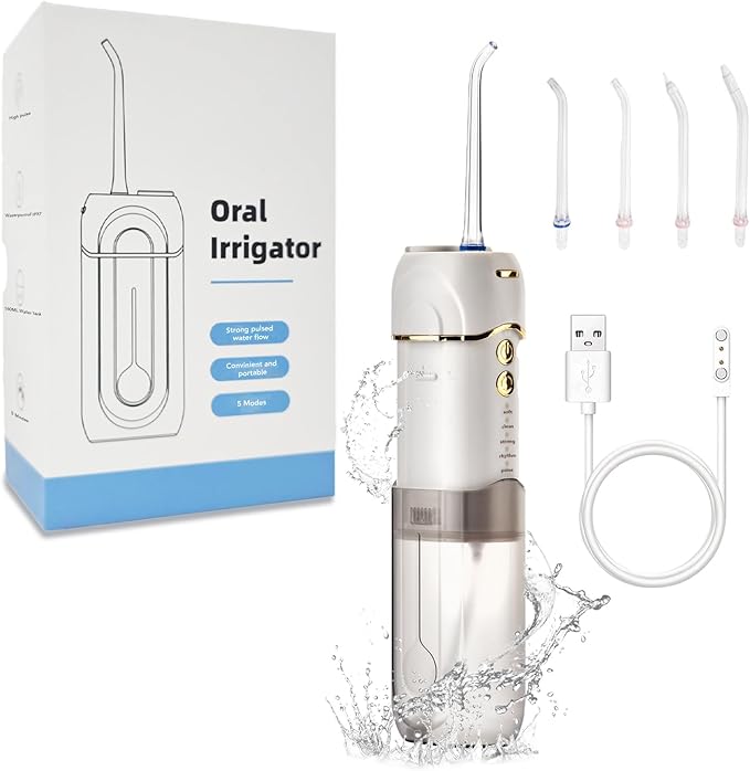 Mini Cordless Water Flosser for Teeth with 4 Jet Tips 160ML Telescopic Tank Portable Rechargeable Water Pick Dental Oral Irrigator Grayish White