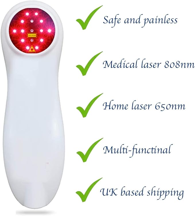 Cold Laser Pain Relief Solution for Home use to Treat Back Neck Shoulder and Joints Pain. This Device is Ideal for Wound Healing Sports Injuries Nerve Regeneration and Rehabilitation Therapy.