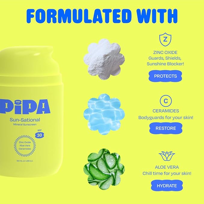 Pipa Sun-Sational 100% Mineral Daily Sunscreen SPF 30 50 ml | Liquid Everyday Face Lotion with Zinc Oxide | Unscented &amp Gentle for Sensitive Skin | Kids &amp Tweens Skin Care Easter Basket Stuff