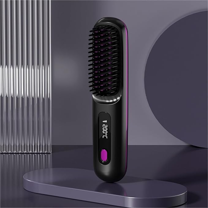 Cordless Hair Straightener Brush with LCD Temper Ature Display Rechargeable Heating 3 Adjustable Temperature Settings Portable Hair Straightener(Purple)