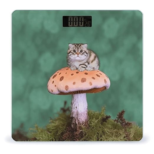 Cat on Mushroom Digital Bathroom Scale for Body Weight with High Precision Digital Weighing Scale with BMI Clear LCD Display and Step-On Measures Weight Up to 180kg