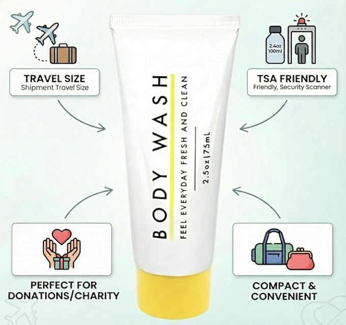 Trail maker 100 pack 2.5 oz Bodywash Travel Size for Hospitality Hotel Donation Charity Drive Homeless Disaster Relief (100 bottles 2.5 ounces each)