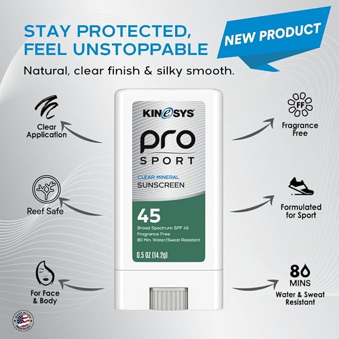 KINeSYS Pro Sport Clear Mineral Sunscreen Stick SPF 45 | SPF Stick Sunblock for Adults &amp Kids | Broad Spectrum Sun Protection | Water Resistant Travel Size Sunscreen for Face Body &amp Vacation