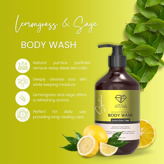 Pumice Body Wash Alcohol Free Scented Infused with Natural Extract | Exfoliating Fine Milled Pumice Body Wash 16.9 Fl Oz (Lemon Grass &amp Sage)