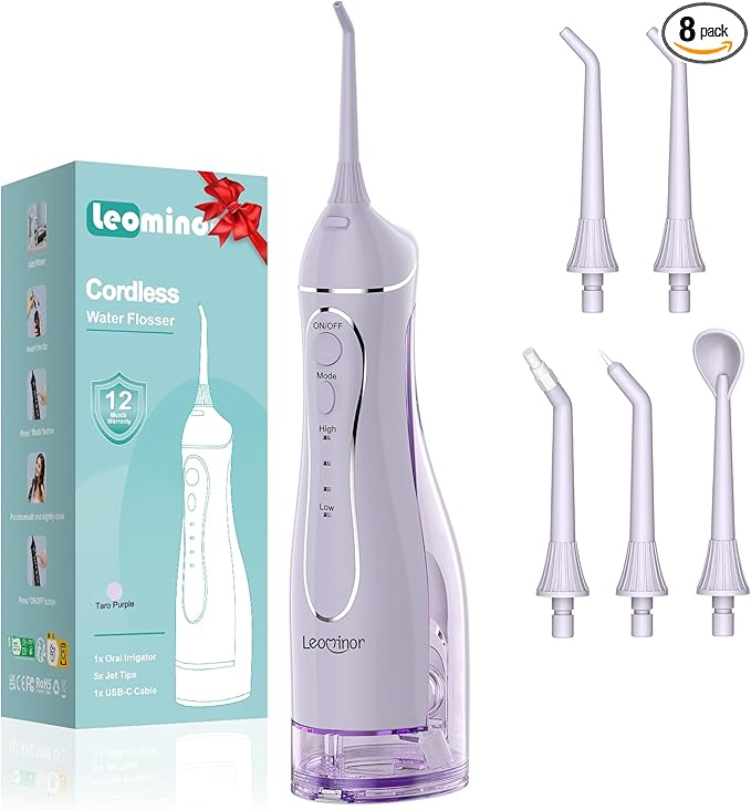 Leominor Water Dental Flosser Pick for Teeth 300ML Portable Oral Irrigator Upgraded Tank RemovableIPX7 Waterproof Rechargeable Travel Teeth Cleaner Professional Electric Flossing Machine(T-Purple)