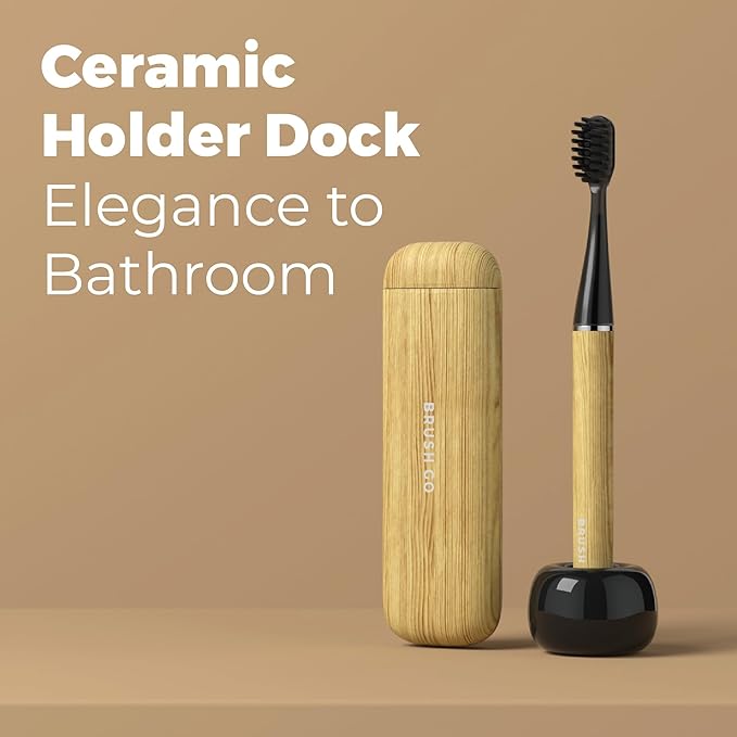 MIPOW Brush GO SlimPro i4 Electric Toothbrush Rechargeable Smart Ultra Sonic 3 Modes Travel Case &amp Ceramic Dock 60Day Battery Soft Bristles 2 Heads IPX7 Waterproof Color-Woodgrain Edition
