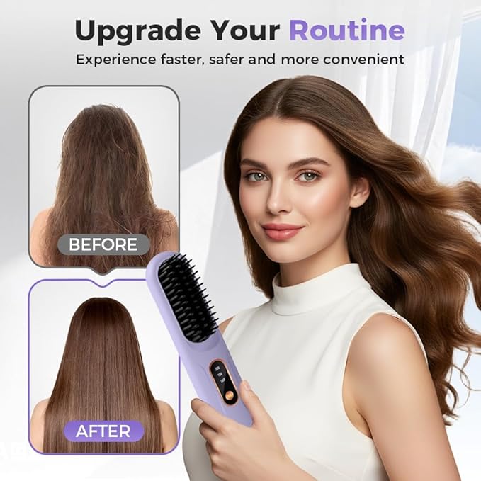Hair Straightener Brush2026 New Portable Straightener Brushs for Travel Fast Heating Cordless Mini Hair Straightening Brush with LCD Temperature Display (Purple)