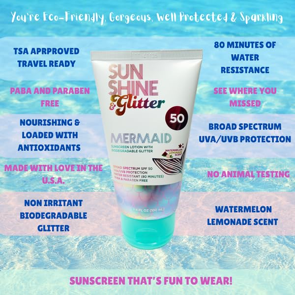 NEW! SUNSHINE &amp Glitter- Seastar Sparkle - Mermaid Watermelon Lemonade Scented Sunscreen lotion - SPF 50 - Biodegradable Glitter Sunscreen Water Resistant Cruelty Free Kid Safe Made in USA 3.