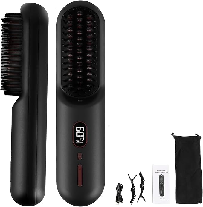 Cordless Hair Straightener Brush Mini Portable Rechargeable Straightening Brush Negative Ionic Hot Comb Straightener with 12 Temp Settings Auto-Off Led Display for Women (Black)