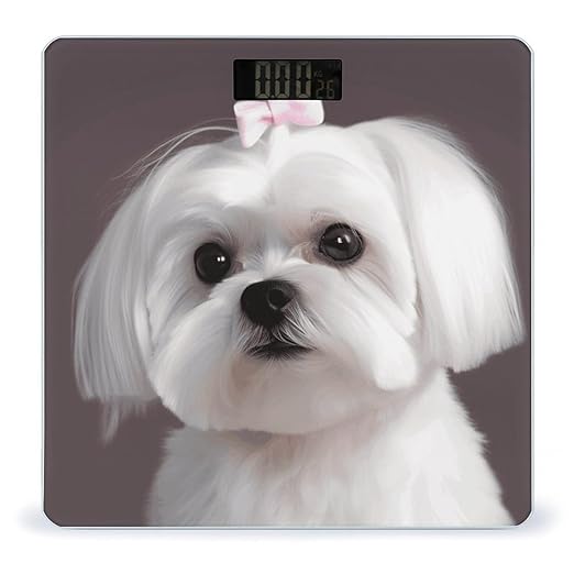 Lovely Maltese Dog Scale for Body Weight High Precision Digital Weight Scales with LCD Display Anti-Slip Sturdy Slim Tempered Glass Bathroom Scale for Home Use