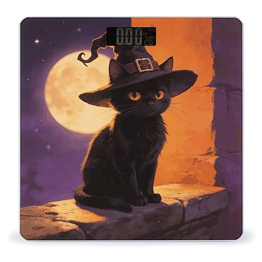 Black Cat with Witch Hat for Halloween Weight ScaleClear LED Display Bathroom Digital Weighing ScaleTempered Glass Digital Bathroom Scale for Body Weight Capacity Up to 400 Lbs