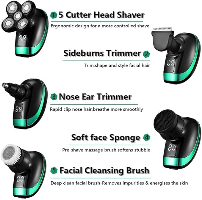 Head Shavers for Bald Men 5IN1 4D echargeable Bald Head Electric Shaver 5 Floating Heads Beard Nose Ear Hair Trimmer Razor Clipper Facial Brush
