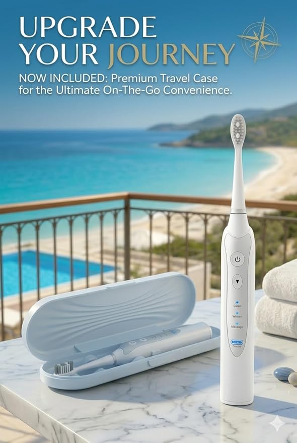 Sonic Electric Toothbrush with 5 Toothbrush Replacement Heads travel case 3 Brushing Modes &amp 2 Minutes Built-in Timer Travel Toothbrushes with Inductive Charging Rechargeable toothbrush | Whit