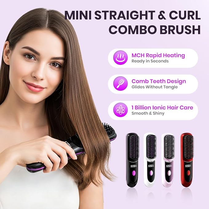 2026 Cordless Hair Straightener Brush200 Million Negative Ionic Portable Hair Straightener Comb for Womenwith LED Display20S Fast HeatingHair Brushs for Travel (Black)
