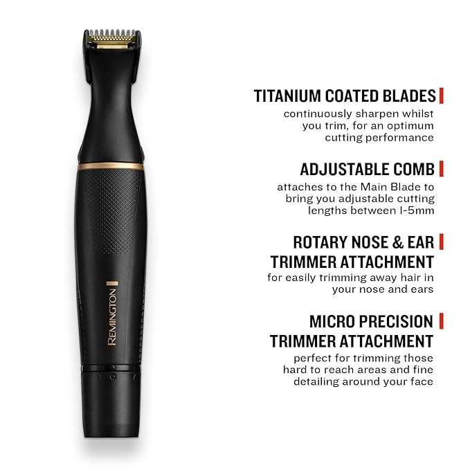 Remington T-Series Nose and Ear Hair Trimmer Detail Kit Nose Hair Trimmer Ears Eyebrows and Facial Hair Vertical and Rotary Trimmer 2 Combs Precision Cutter and Adjustable Comb - NE7000