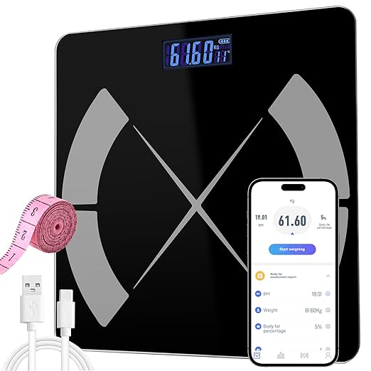 APP Body Fat Scale Intelligent Weight Scale Body Scale Rechargeable Intelligent Weight Scale Digital Bathroom Scale with Smartphone Application Body Composition Monitoring Health Analyzer (Black)