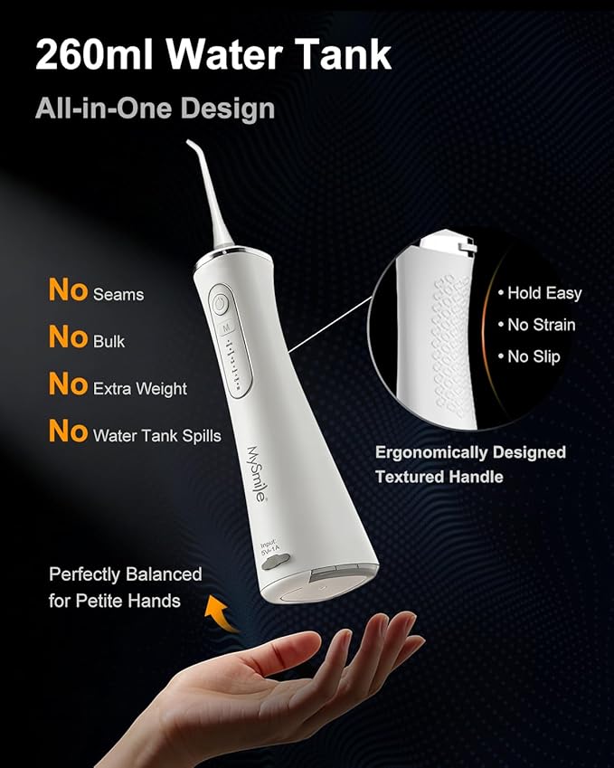 MySmile LP211 Water Flosser Cordless for Teeth 5 Modes Portable Oral Irrigator 260ML Water Dental Picks for Sensitive Teeth Cleaning IPX7 Travel Rechargeable Water Flossing &amp2 Teeth Wipes
