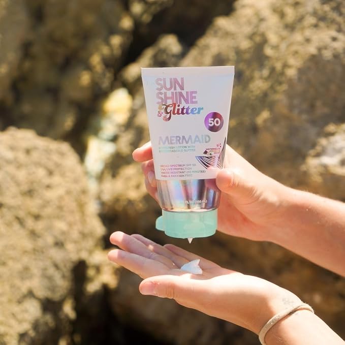NEW! SUNSHINE &amp Glitter- Seastar Sparkle - Mermaid Watermelon Lemonade Scented Sunscreen lotion - SPF 50 - Biodegradable Glitter Sunscreen Water Resistant Cruelty Free Kid Safe Made in USA 3.