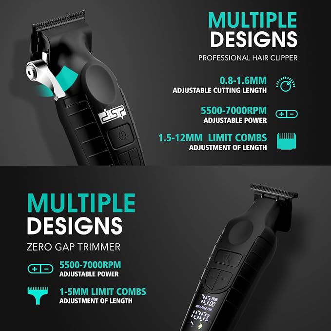 DSP Professional Hair Clippers Set for Men Cordless Barber Clipper Beard Trimmer DLC USB Rechargeable Speeds Adjustable Travel Lock Low Noise with Charging Base