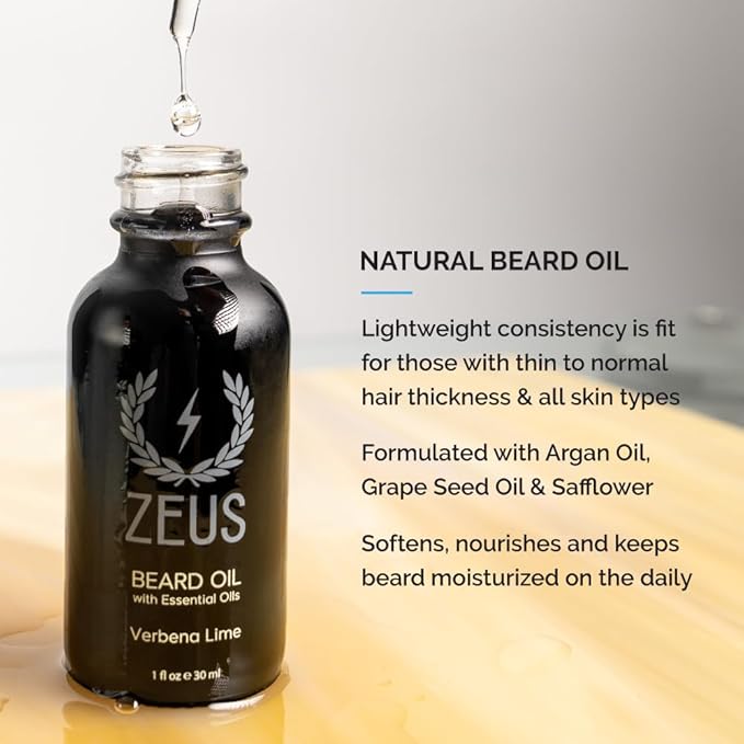 ZEUS Everyday Beard Kit for Men Facial Hair Shampoo Conditioner Oil Balm &amp Tin Gift Box Premium Beard Care &amp Grooming Set (Made in USA) Verbena Lime