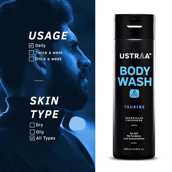 Ustraa Body Wash - Taurine - 6.76 oz - Set of 2 - Menthol cooling Energizing freshness &amp no post-shower dryness intense foaming without sulphates