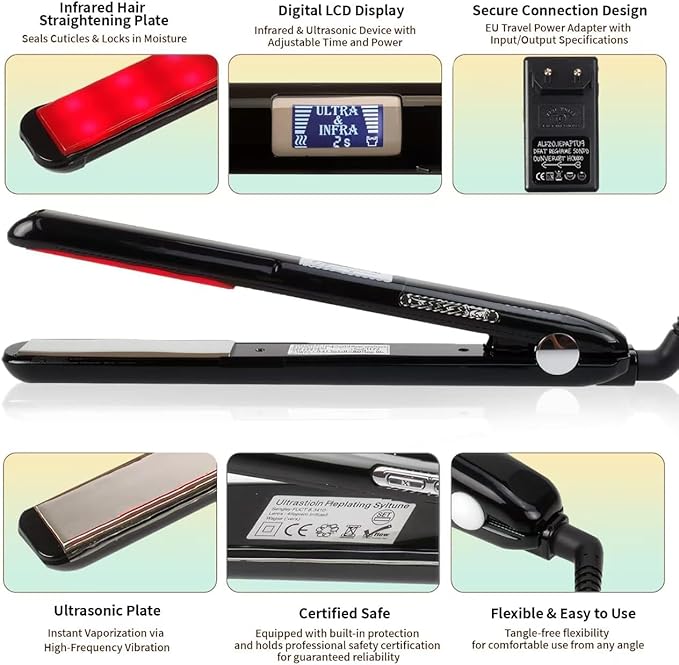 2026 Ultrasonic Infrared Hair Straightener with LED Display - Recovers Damaged Hair Cold Iron Treatment Styler (b-Black)