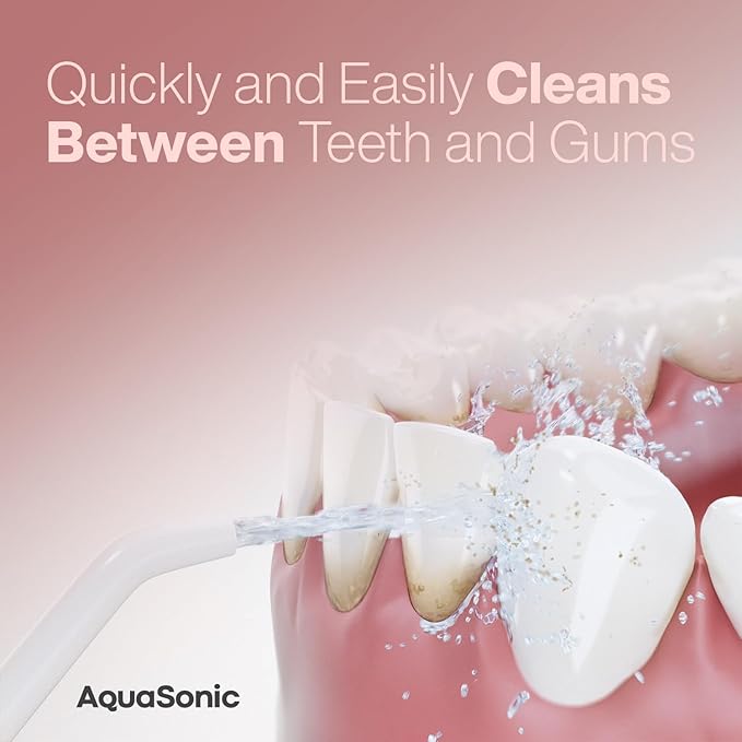 AquaSonic Aqua Flosser PRO - Rechargeable Electric Cordless Water Flosser for Teeth Gums &amp Tongue - Waterproof Modern Design 300ml Large Tank 3 Modes 6 Jet Tips Deluxe Tongue Nozzle - Rose Go
