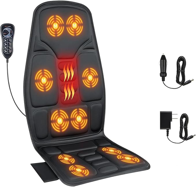 SLOTHMORE Back Massage Chair Pad Back Massager with Heat for Pain Relief Chair Massager for Full Body Massage Deep Tissue Vibration Massger with 2 Adapters Chair Massager for Office and Recliner