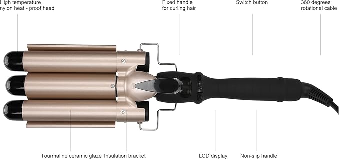 3 Quick Heating Curling Iron Styling with 3 Barrels and Long Cord for Dates and Parties for Long and Hair for Creating S Waves (US Plug 32mm)