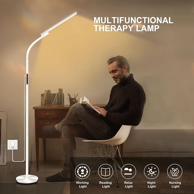 Light Therapy Lamp10000 Lux Happy Therapy Light Floor Sun Therapy Lamp with Remote &amp Touch Control &amp Adjustable Gooseneck for Reading/Office/Home