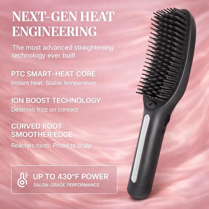 Speedy Precision Hair Straightener Brush Get Sleek Hair Literally in Minutes Clear LED Screen Display 170-430°F Remembers Favorite Temp. Curved Design for Scalp Comfort. Hot Air Release