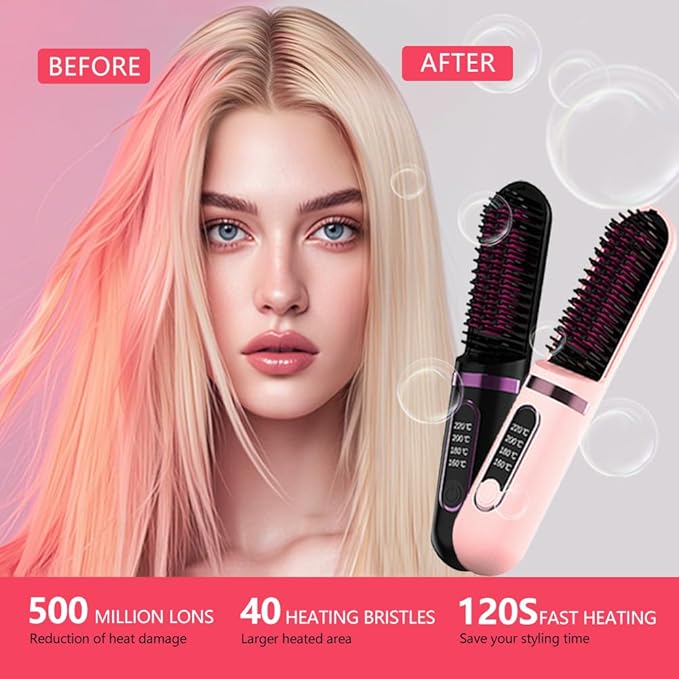 Cordless Hair Straightener Brush Portable Straightening Brush for Women Mini Negative Ion Hot Comb for Travel 30Mins Auto-Off USB Rechargeable Fast Heating 4 Temperature Settings(Black)