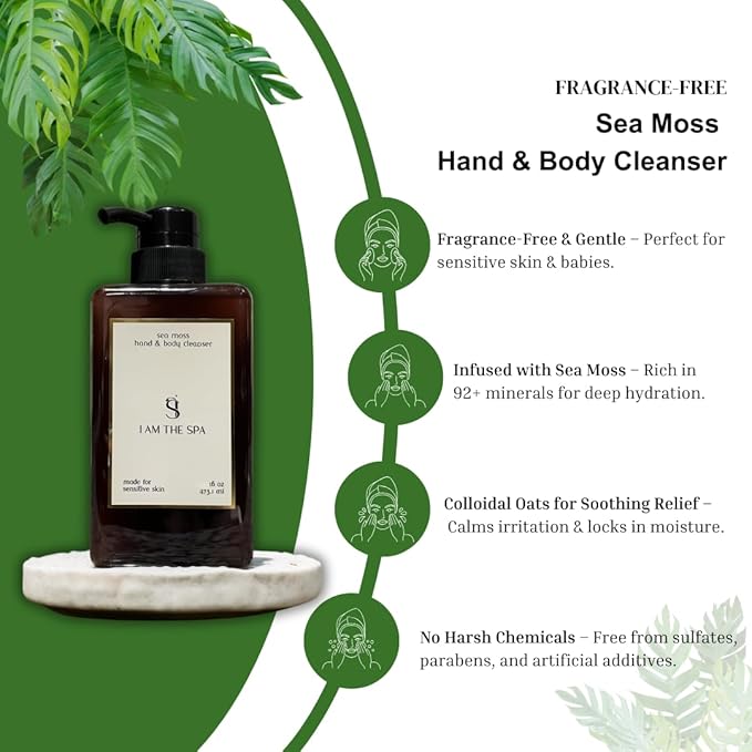 Fragrance-Free Sea Moss Hand &amp Body Cleanser | Ultra-Hydrating Gentle on Sensitive Skin with Colloidal Oats | Luxury Skincare for All Ages