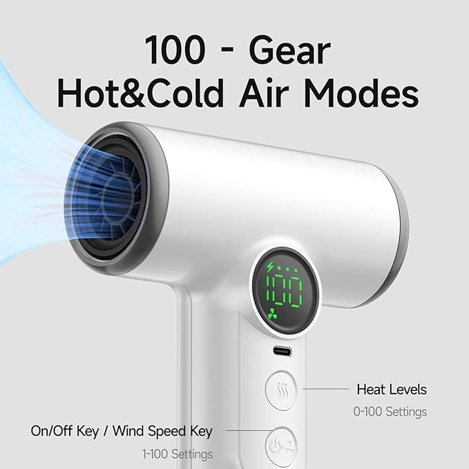fosa Cordless Hair Dryer Rechargeable Battery Operated Blow Dryer 100 Heat &amp Speed Settings 30000 RPM with Digital Screen &amp Memory Function for Travel Students Dormitory (White)