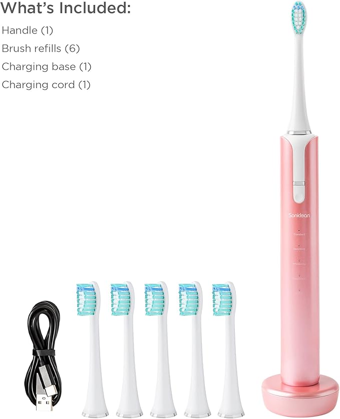 Soniclean Lux Sonic Toothbrush for Adults with 6 Toothbrush Heads Rechargeable Automatic Sonic with Refills Rose Gold