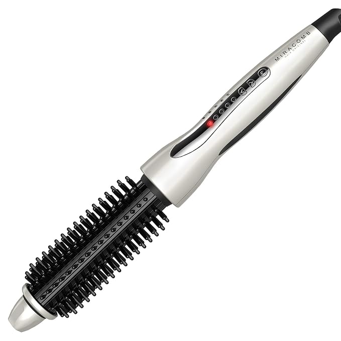 MIRACOMB Hair Curler Straightening Brush - Ceramic Tourmaline Flat Curling Iron - Cool Touch Round Brush PRO Multi Styler with 5 Heat Adjustments 1 Inch Barrel White (Enhanced)