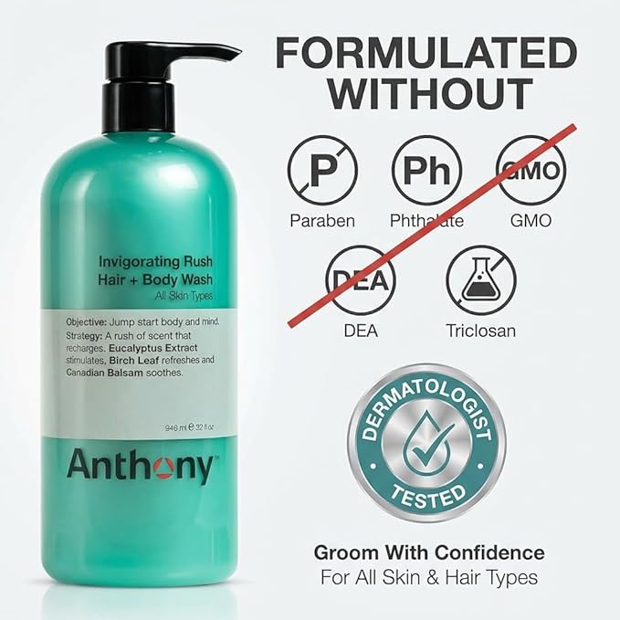 Anthony Mens Body Wash and Shampoo: Invigorating Rush 2-In-1 Liquid Gel Soap &amp Hair Shampoo Pine Wood Scent Hydrating with Eucalyptus Canadian Balsam Birch Leaf Charcoal Sea Kelp 32 Fl. Oz