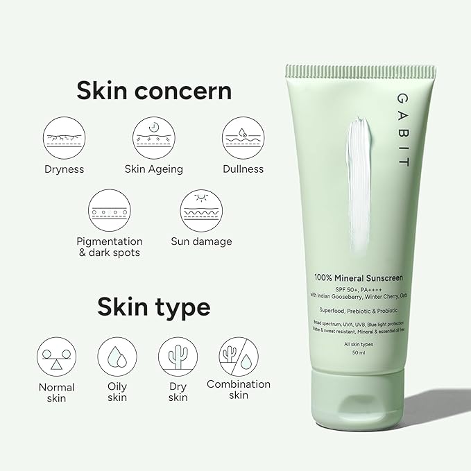Gab-It Mineral Sunscreen SPF 50 PA++++ | Broad Spectrum UVA/UVB &amp Blue Light Protection | Water &amp Sweat Resistant | No White Cast | Zinc Oxide Vitamin E | Oil-Free Face Sunscreen | 50ml