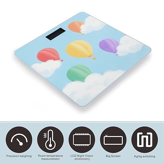 Watercolor Hot Air Balloons and Clouds Weight Scale Cute Bathroom Scale for Body Highly Accurate Digital Weighing Machine for People Compact LCD Display Scales with Sturdy Toughened Glass Scales