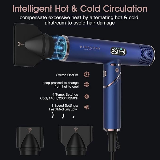 MIRACOMB Foldable Travel Hair Dryer Powerful Ionic Blow Dryer Pro with Brushless Motor for Fast Drying Lightweight Portable Hairdryer for Women/Men Digital Heat/Speed Settings with 2 Nozzles