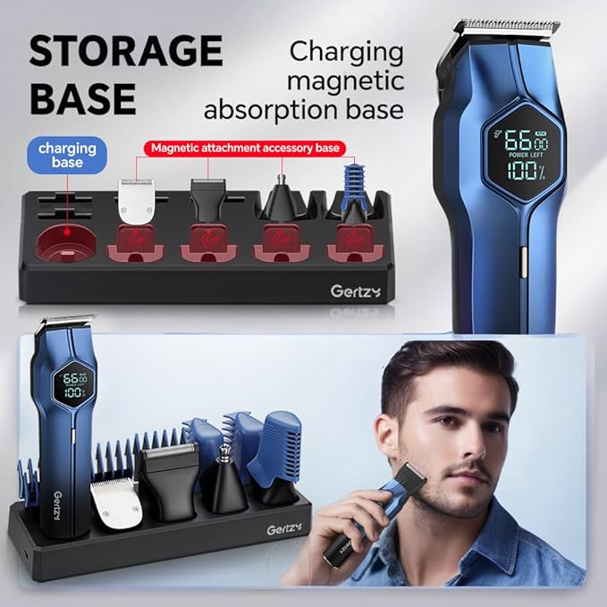 5-in-1 Electric Beard Trimmer Magnetic Replacement Heads Professional Cordless Hair Clippers for Men Rechargeable IPX7 Waterproof Grooming Kit for Face Mustache Body Nose Gifts for Men (Blue)