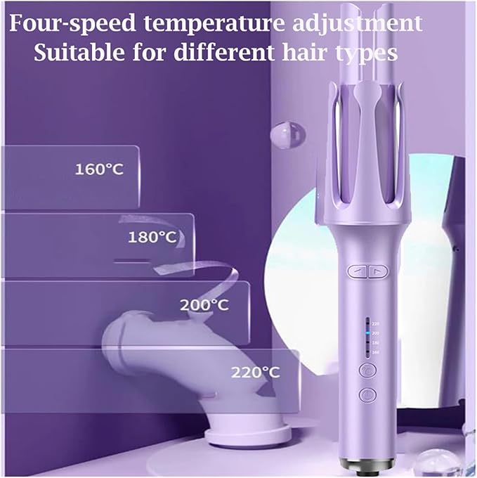 32MM Rotating Negative Hair Curler - 4 Temperature Big Wave Curling Iron for Effortless Styling - EU/US/UK Plug(Purple 32MMEU)