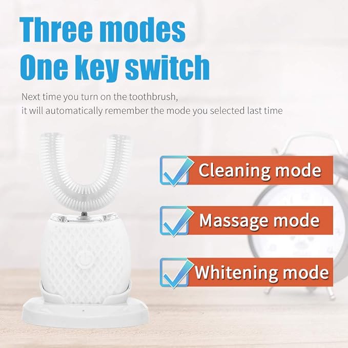 Automatic Toothbrush U Shaped Toothbrush for Adults 360° Toothbrush 30'' Automatic Timer Wireless Charging Washable Travel Home White