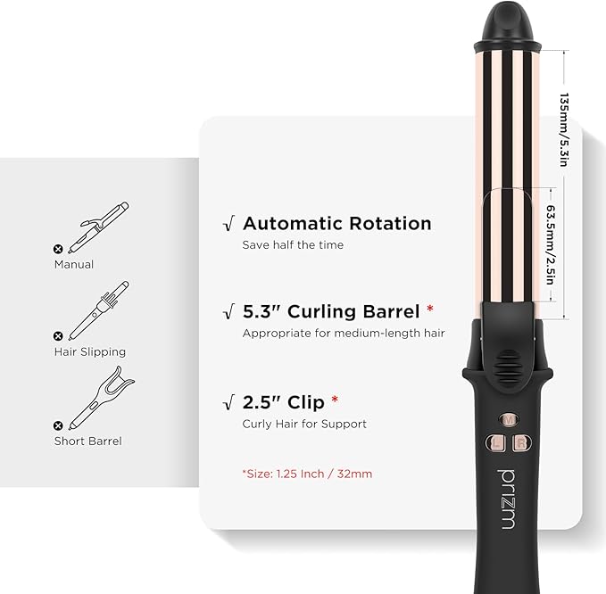 Prizm 1.25inch/32mm Automatic Curling Iron for Big Curler Rotating Curling Wand Up to 450°F LCD Display Auto-Shut Off &amp Dual Voltage Negative Ion