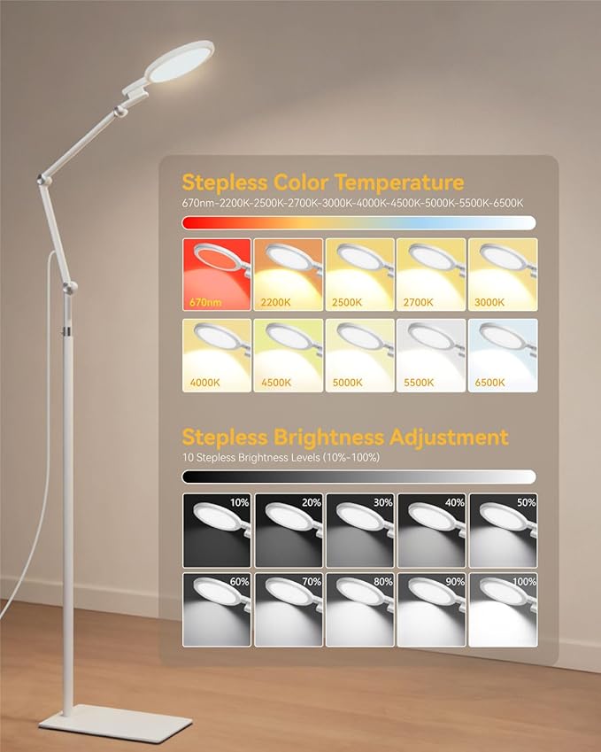 2-in-1 Light Therapy Lamp 670nm Red Light Therapy Lamp for Sleep &amp 12000 Lux Happy Light Sun Lamp Sad Lamp Floor Lamp with Remote Timer Eye-Safe UV-Free 9 Colors 10 Brightness for Bedroom Offi