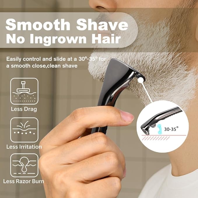 Magnetic Safety Razor for Men Single Blade Face Shaver with 2 Interchangeable Heads Smooth Roller Design Durable Metal Safety Razor Kit with 20 Blades - Pearl Chrome