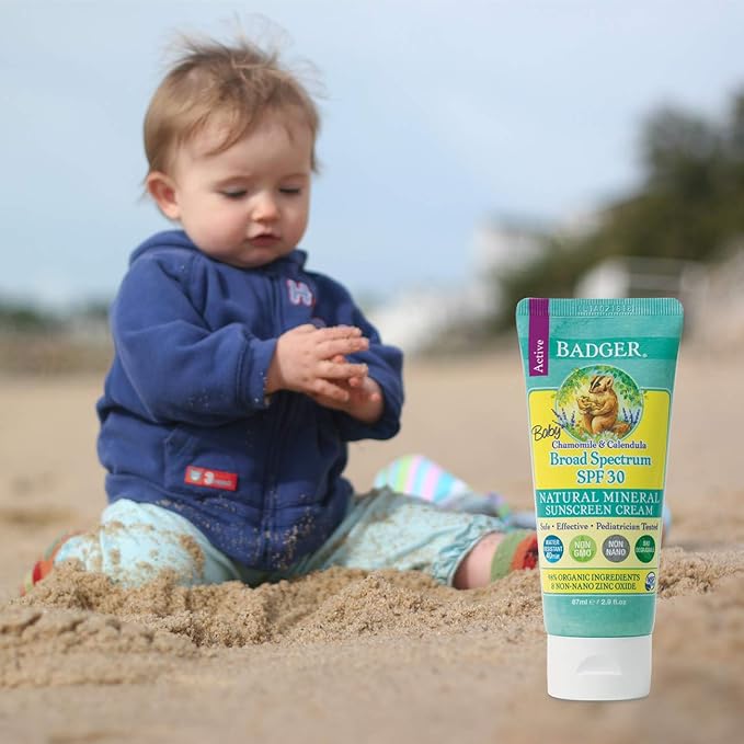 Badger - SPF 30 Baby SunscreenCream with Zinc Oxide - Broad Spectrum &amp Water Resistant Reef Safe Sunscreen Natural Mineral Sunscreen with Organic Ingredients 2.9 fl oz